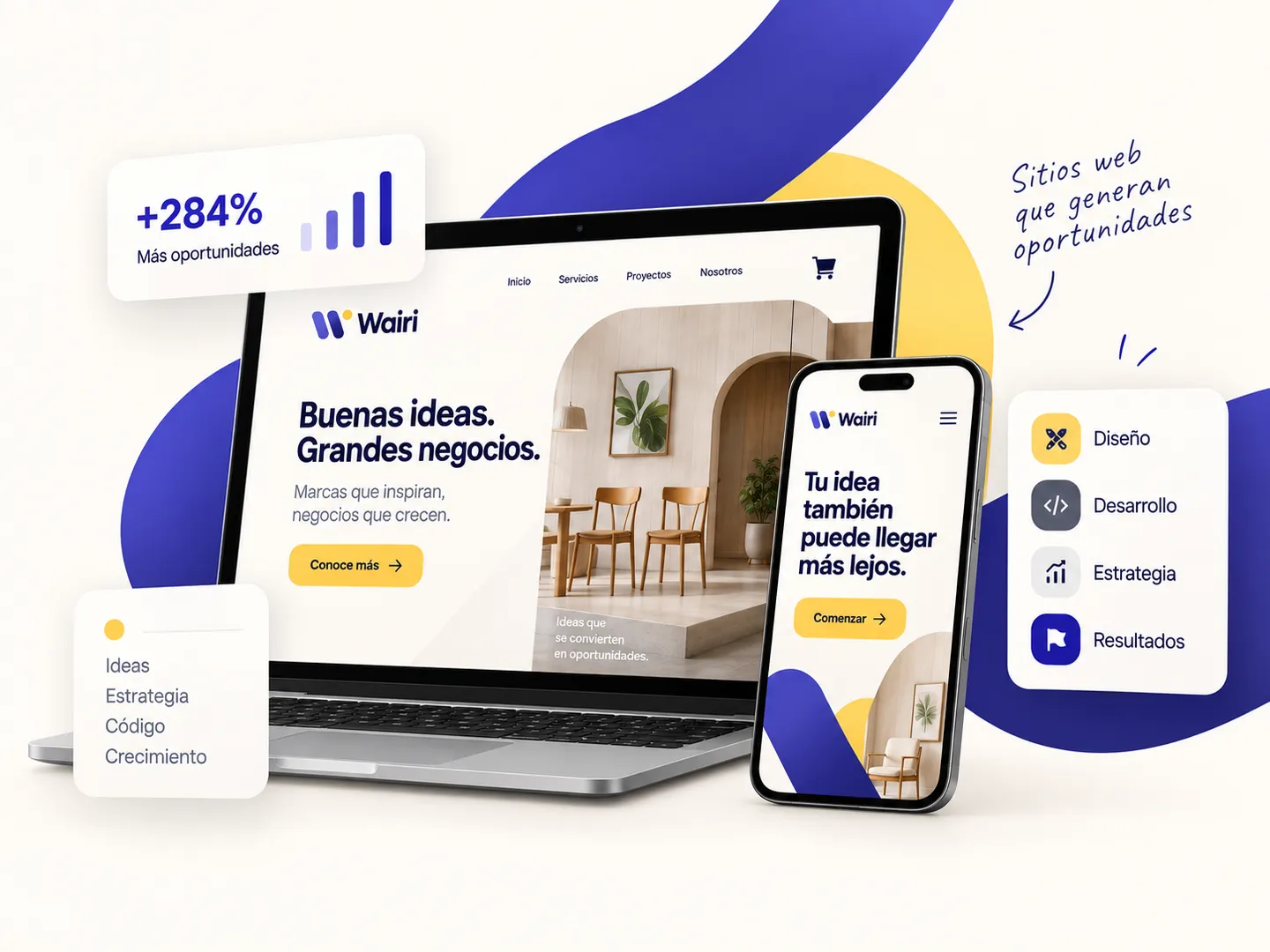 Diseño web de Wairi en laptop y móvil